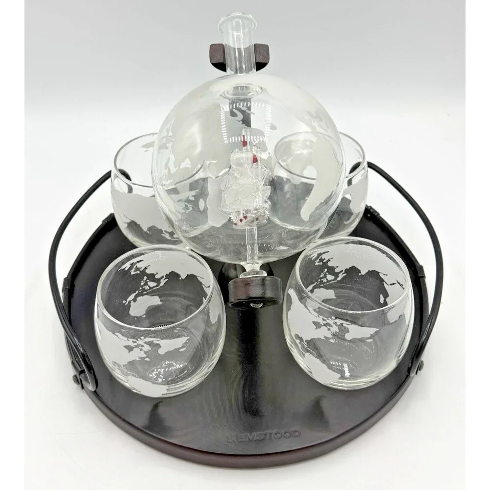 Whiskey Liquor/Wine Decanter Globe World Set Spun Glass Ship 4 Glasses/Tray
